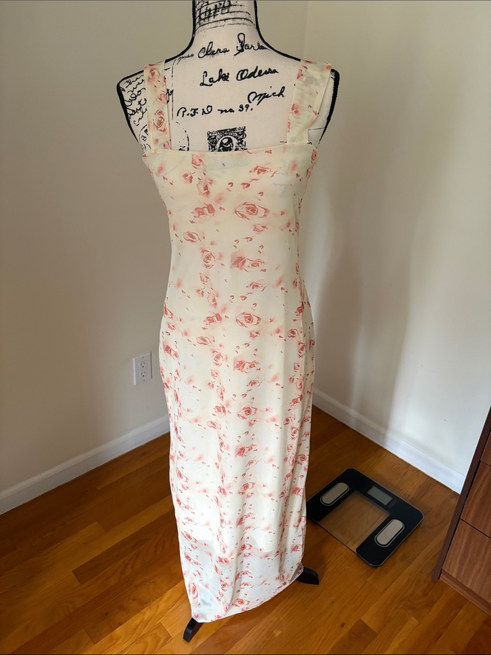 Floral Slip Maxi Dress in Cream with Pink Rose Print